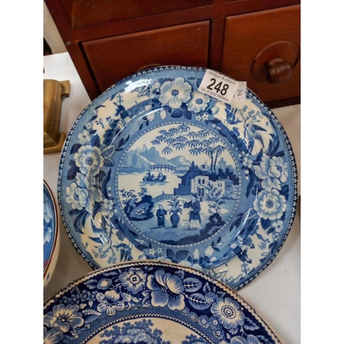 248 - A Chinese blue & white bowl with red bunches of grapes & 2 19th/20th century blue Willow plates