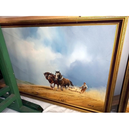 257 - 2 Large paintings on canvas of farming, working heavy horse drawn scenes, 100cm x 69cm (COLLECT ONLY... 