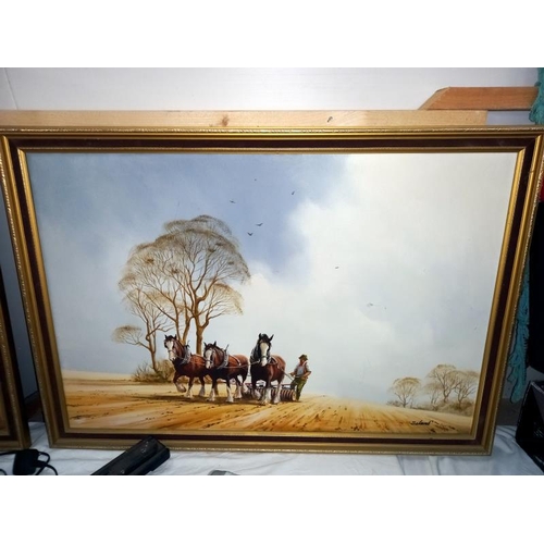 257 - 2 Large paintings on canvas of farming, working heavy horse drawn scenes, 100cm x 69cm (COLLECT ONLY... 