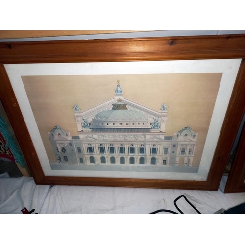 259 - 2 large pine framed architectural prints of old buildings, 93cm x 69cm (COLLECT ONLY)