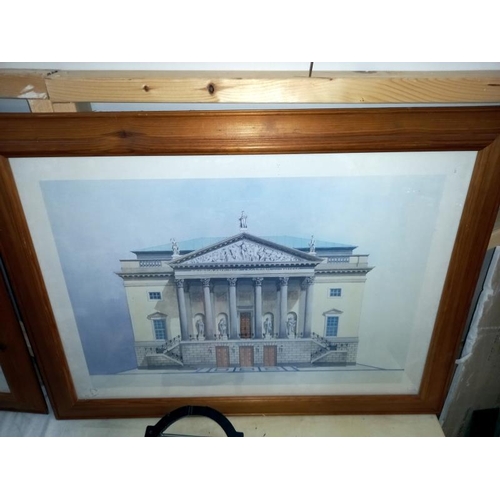 259 - 2 large pine framed architectural prints of old buildings, 93cm x 69cm (COLLECT ONLY)