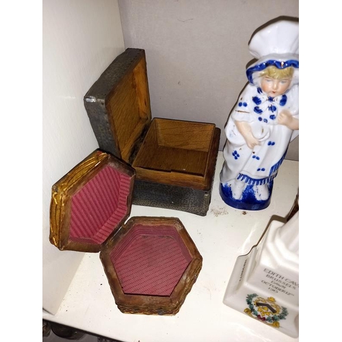 287 - 3 wooden boxes, a pewter covered box & 2 figures