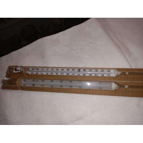 345 - 2 vintage Mercury filled glass alcohol measure thermometers. 76cm Length. (COLLECT ONLY.)