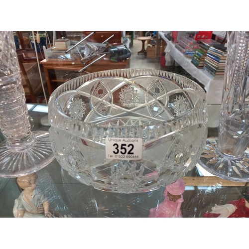 352 - A large cut glass bowl & 2 vases