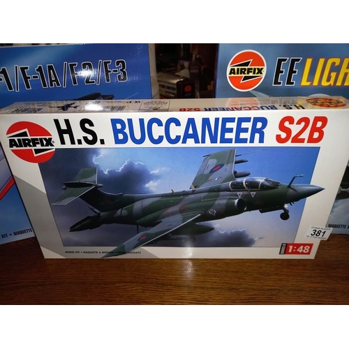 381 - 3 boxed Airfix 1/48 scale model aircraft 08100 H S Buccaneer, 09178 Lightning, 09179 Lightning, cont... 