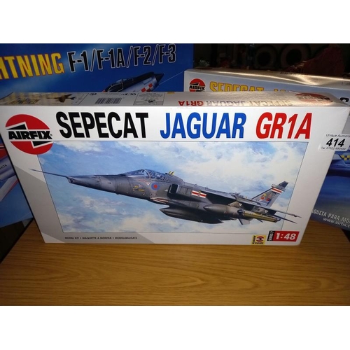 414 - 3 boxed airfix 1/48 aircraft kits 07104 sepcat jaguar gr3, 07104 sepcat jaguar gr1a, 09179 lightning... 