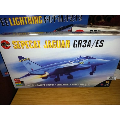 416 - 3 boxed airfix 1/48 aircraft kits 07104 sepecat jaguar gr1, 07104 sepecat jaguar gr3, 09179 lightnin... 