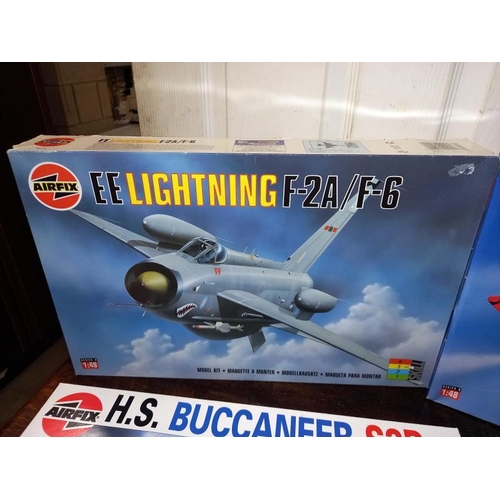 435 - 3 boxed Airfix 1/48 scale model aircraft kits 08100 HS Buccaneer 09178 Lightning 09179 Lightning con... 