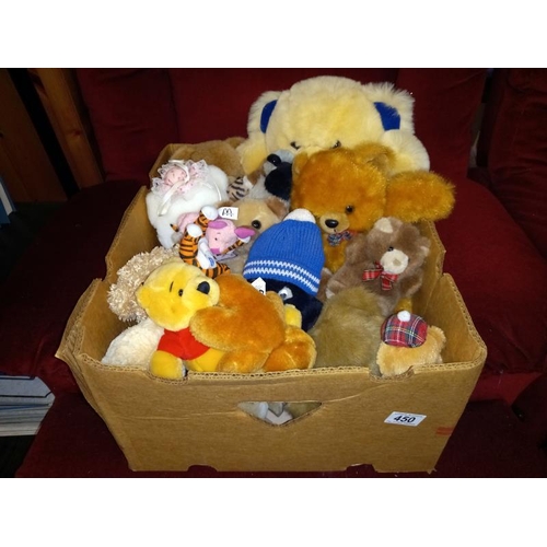 450 - A box of soft toys including Winnie The Pooh, teddies etc