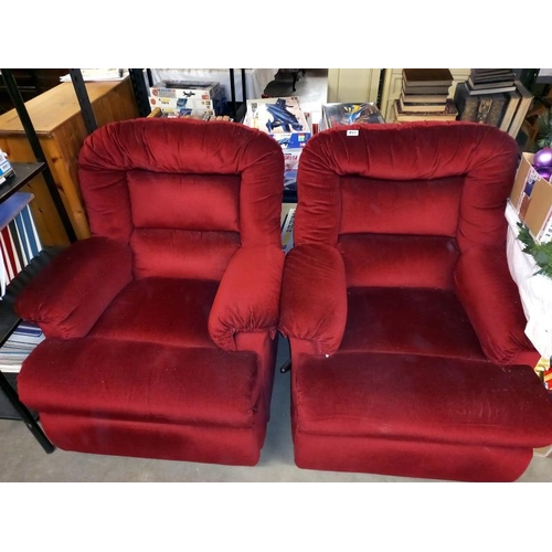 451 - 2 red Draylon recliner chairs