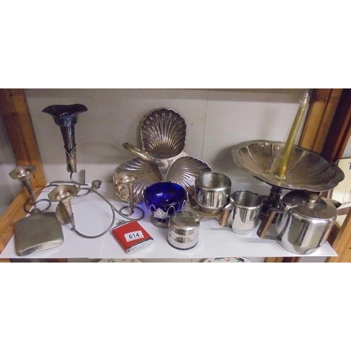 614 - A mixed lot of silver plate, stainless steel etc.,