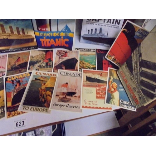 623 - A collection of Titanic related books and Cunard Line postcards.