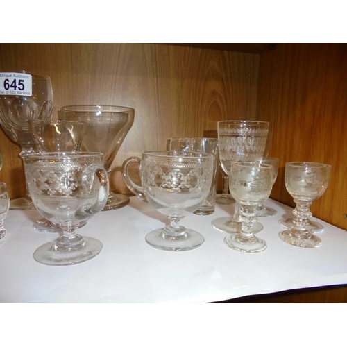 645 - A good lot of drinking glasses including etched. COLLECT ONLY.