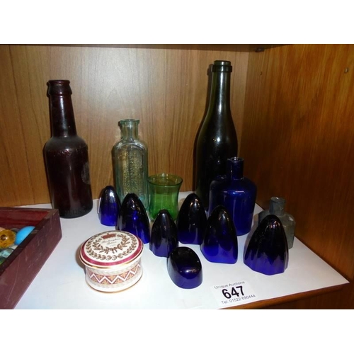 647 - A quantity of blue glass bottles, trinket box etc.,