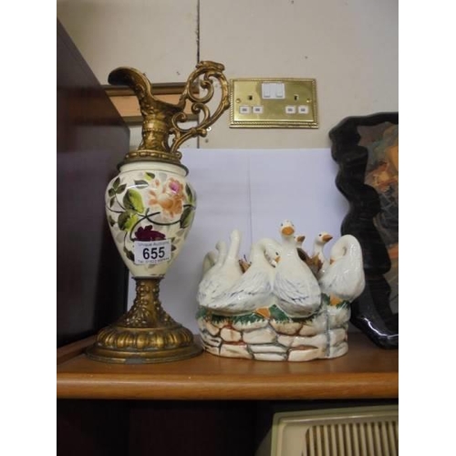 655 - A gilt/ceramic jug, a duck bowl and a ceramic basket.