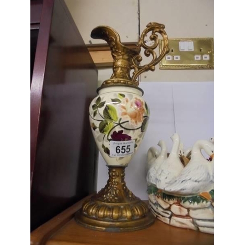 655 - A gilt/ceramic jug, a duck bowl and a ceramic basket.