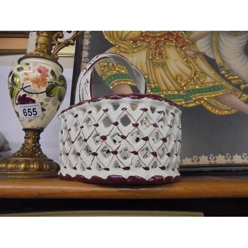 655 - A gilt/ceramic jug, a duck bowl and a ceramic basket.