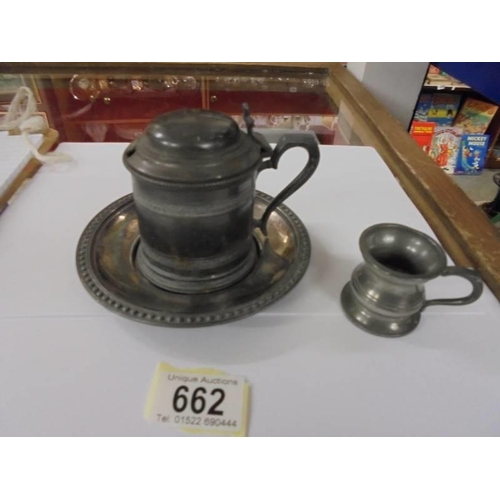 662 - A pewter inkwell with glass liner and a 1/24 pewter measure.