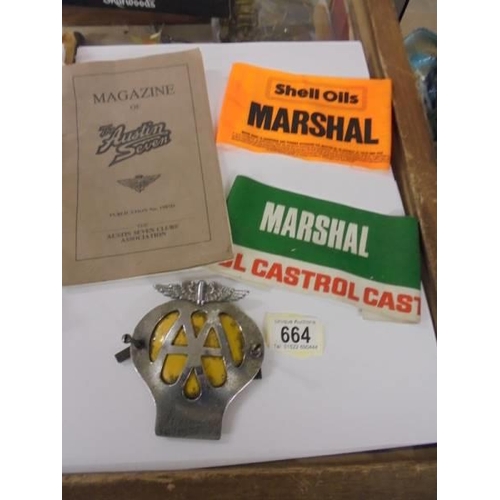 664 - A vintage Shell Oils and Castrol Rally Marshall armbands, an AA car badge and a Austin 7 club magazi... 