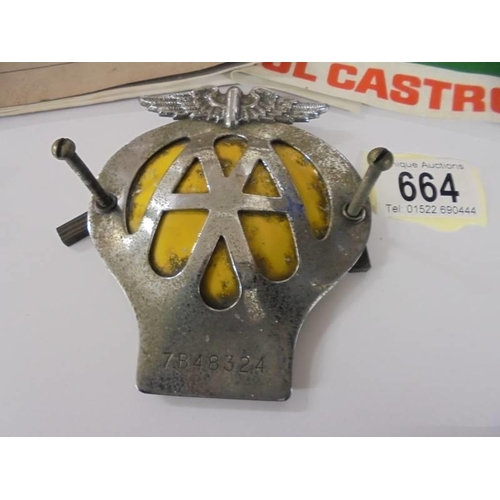 664 - A vintage Shell Oils and Castrol Rally Marshall armbands, an AA car badge and a Austin 7 club magazi... 