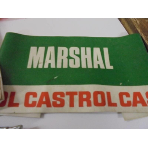 664 - A vintage Shell Oils and Castrol Rally Marshall armbands, an AA car badge and a Austin 7 club magazi... 