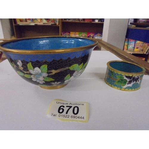 670 - A Chinese Cloissonne enamel bowl and napkin ring.