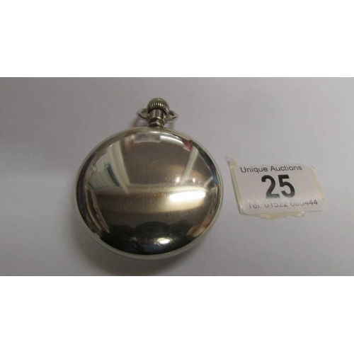 25 - A large Waltham pocket watch, movement date 1906-1907, silvered case, screw on back and bezel, 60mm ... 