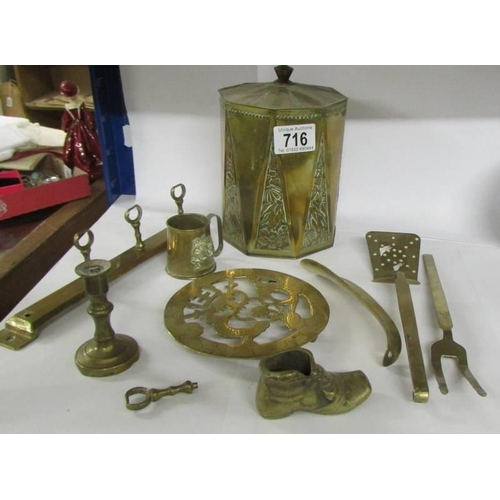 716 - A mixed lot of brass ware including tea caddy.