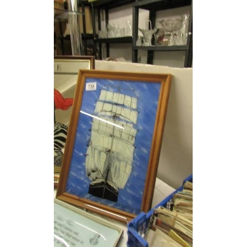 735 - A framed Vogue mirror 'Lady on Zebra' and a framed painted sailing ship on glass, COLLECT ONLY.