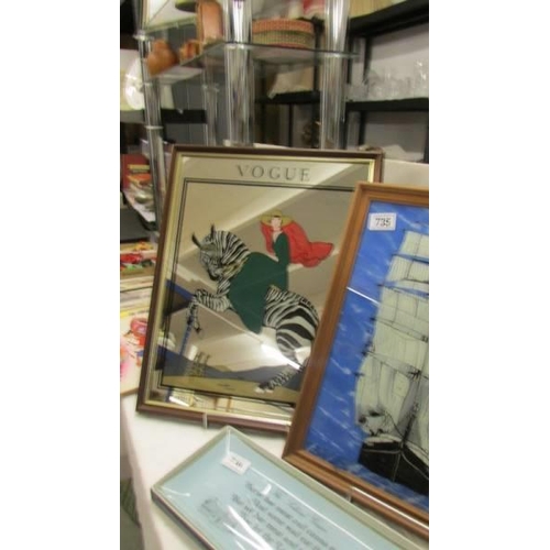 735 - A framed Vogue mirror 'Lady on Zebra' and a framed painted sailing ship on glass, COLLECT ONLY.