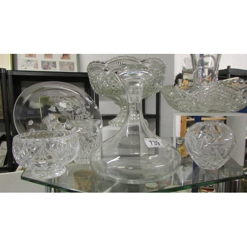 739 - A mixed lot of glass bowls, vase, decanter etc.,