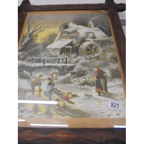 821 - A late Victorian carved wooden frame with a traditional Christmas scene of children frolicking in th... 