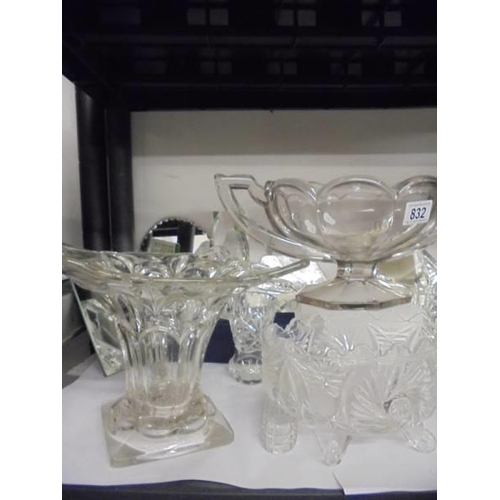 832 - A mixed lot of glass jugs, bowls, vases etc., COLLECT ONLY.