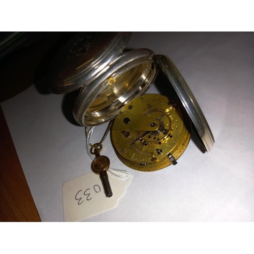 26 - A silver Fusee pocket watch, London 1875, with key, white dial, in working order.