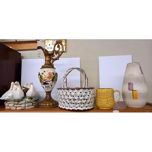 655 - A gilt/ceramic jug, a duck bowl and a ceramic basket.