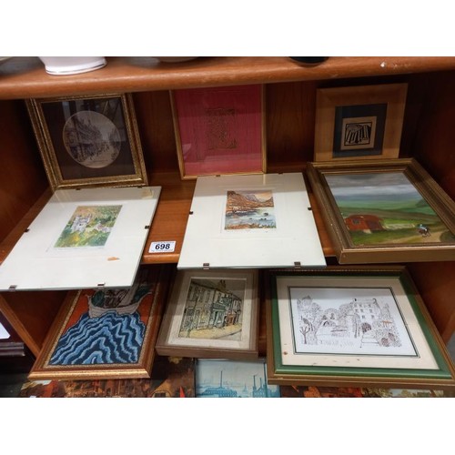 698 - A quantity of framed and unframed pictures.