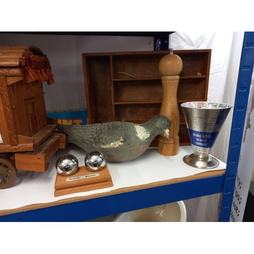 702 - A shelf of miscellaneous including gypsy caravan, coffee grinder, kitchen measure etc.,