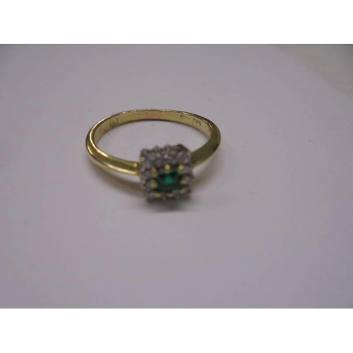 44 - A 18ct yellow gold square shaped emerald and diamond ring, size Q, 3.2 grams.