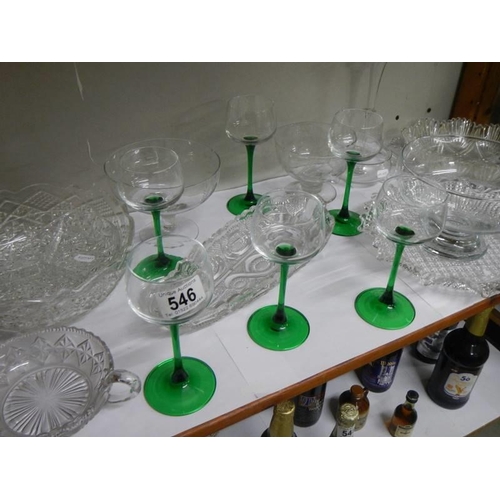 546 - A mixed lot of glass ware including six green stem glasses. COLLECT ONLY.