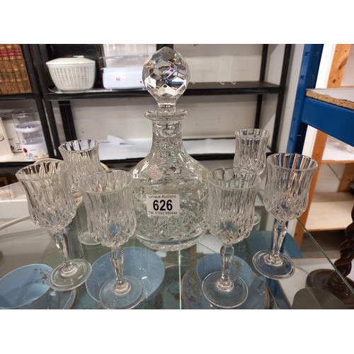 626 - A cut glass decanter & 6 serry glasses