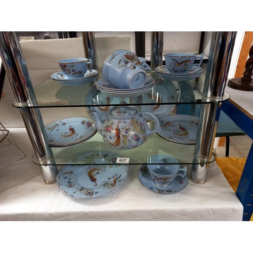 627 - A blue patterned tea set with pheasant design