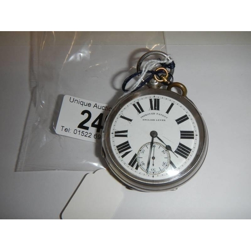 24 - A Chester silver English lever pocket watch with key, circa 1900, 58mm diameter in working order.