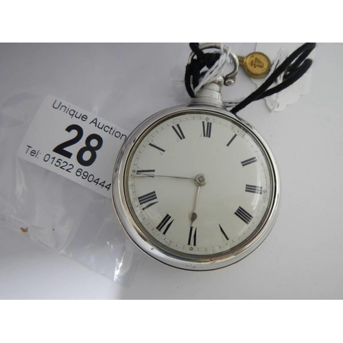 28 - A Chester 1891 silver matching cased/crown & verge pocket watch with key, white dial, in working ord... 