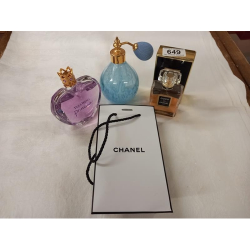 649 - A Coco Chanel 50ml size almost half full with box, Vera Wang Princess almost full and a Caithness pe... 