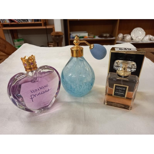 649 - A Coco Chanel 50ml size almost half full with box, Vera Wang Princess almost full and a Caithness pe... 