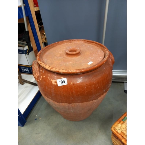 799 - A large lidded terracotta pot, 37cm x 41cm high (COLLECT ONLY)