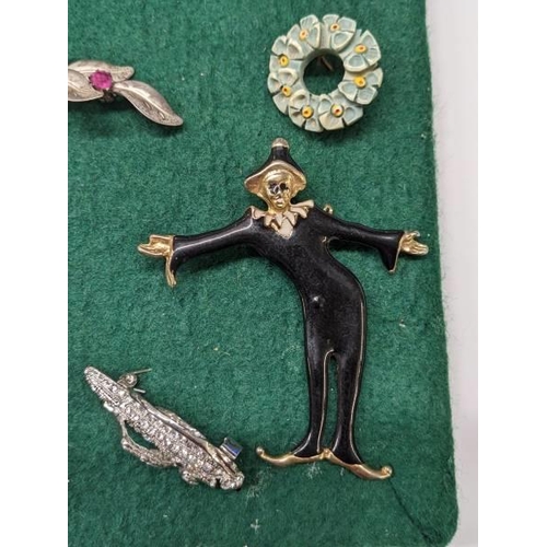 51 - Nine vintage brooches and four stick pins, Victorian to 1960's including silver and gold examples.