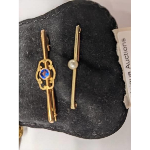 66 - A 19th century bar brooch, 15ct gold stamped together with a pearl and sapphire set brooch hall mark... 