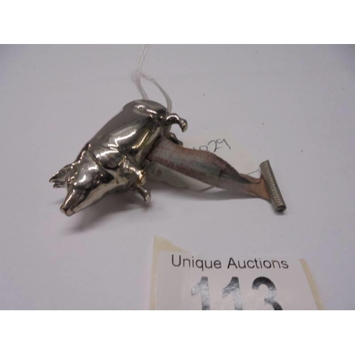 113 - An early 20th century silver plated pig needlework tape measure.