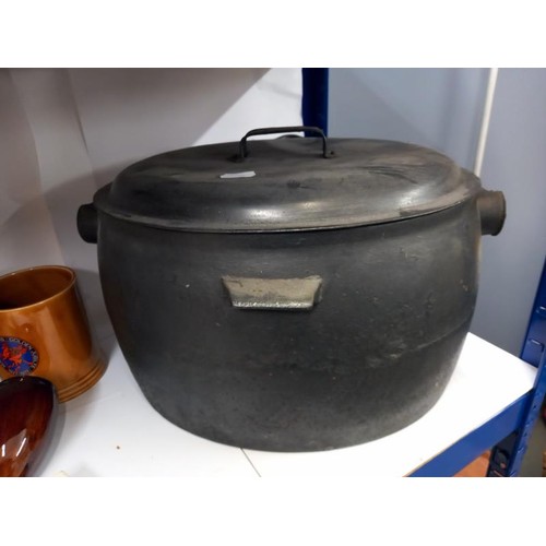 596 - A lidded cast iron cauldron & ceramic barrel etc.